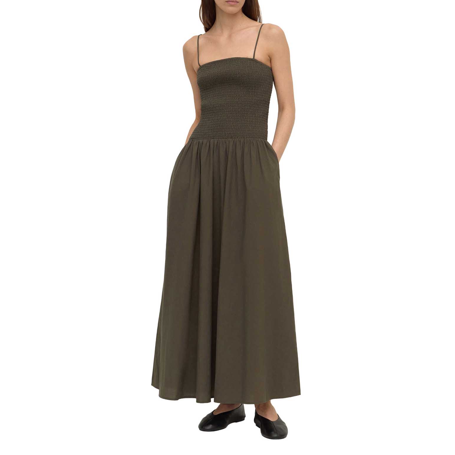 Assembly Label Connie Cotton Shirred Dress Dark Military